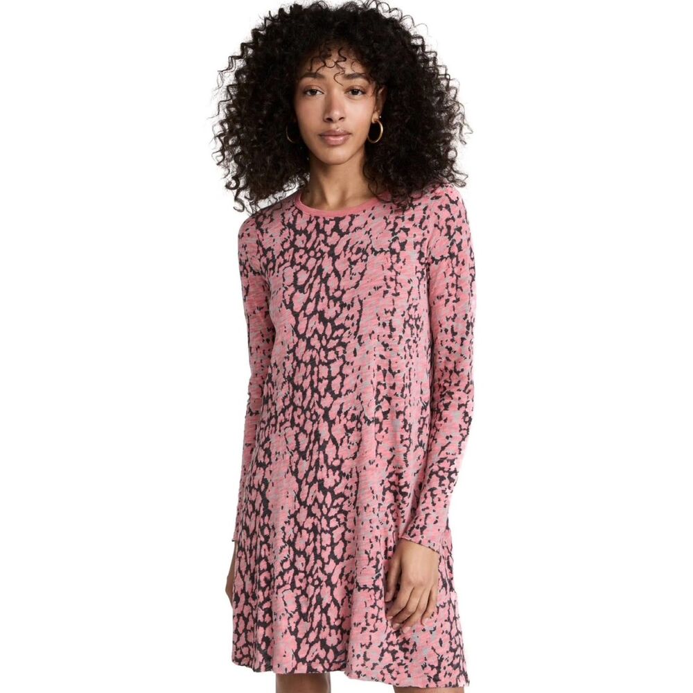 ATM Slub Jersey Long Sleeve Destroyed A-Line Dress Rose Quartz Leopard Print